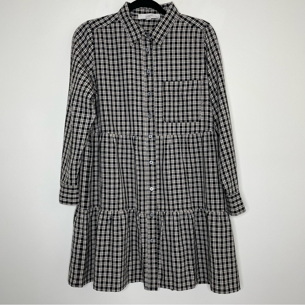 Ann Taylor Loft Plaid Long Sleeve Button Front Tiered Dress